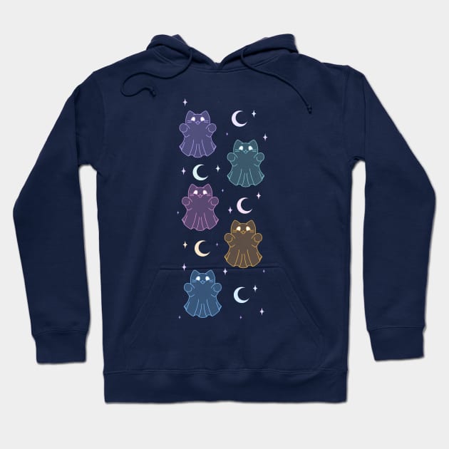 Pastel Kawaii Halloween Ghost Cat with Moons Hoodie by SupernovaAda